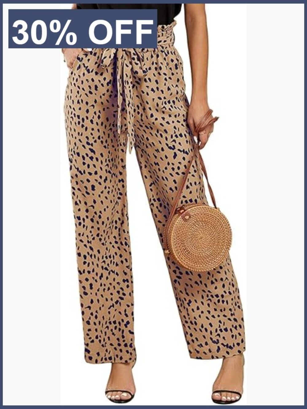 High Waisted Leopard Print Palazzo Pants Bow Tie Belt Wide Leg Trousers with